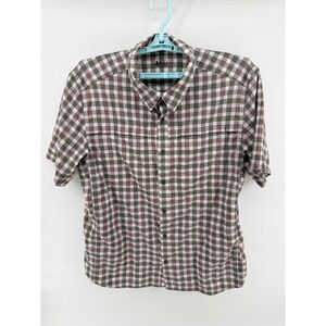 REI Co-op Mens Large Plaid Short Sleeve Button Up Hiking Shirt Brown Green L